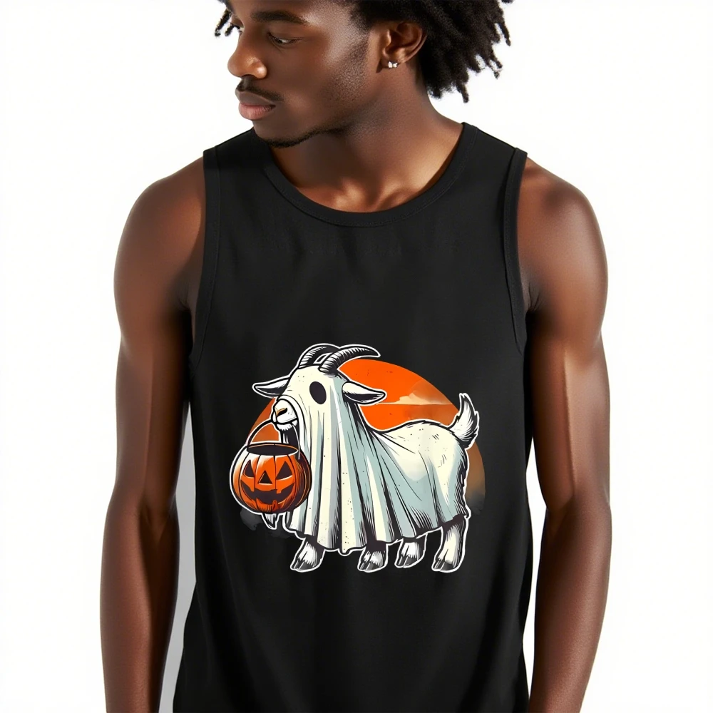 

Ghost Dressed Goat Holding Pumpkin Graphic Gym Man Sleeveless Shirt Tank Top Vest Mens Clothing Comfort Tank Top Workout Fitness