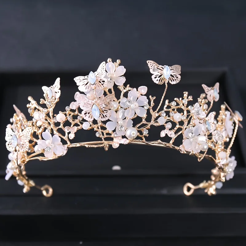 Baroque Pearl Rhinestone Crown Flower Butterfly Princess Tiara Headband Hairband Women Bridal Wedding Hair Accessories Jewelry