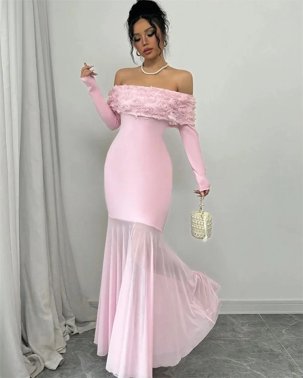 

Pink Floral Long Sleeves Bespoke Occasion Gown Evening Dresses Pastrol Unisex Jersey Retro Dubai Saudi Arabic Prom Customized