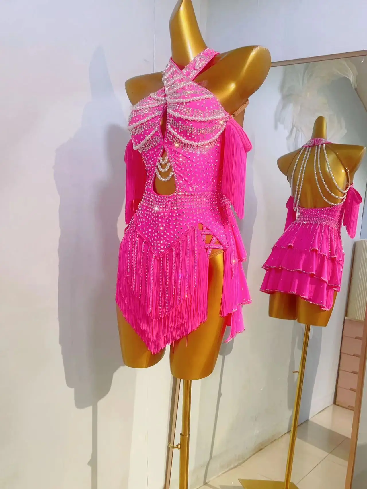 Latin Dance Dress Customized Exquisite Pearl Tassel Dress Adult and Children Tango Samba Cha Cha Dance Competition Dresses