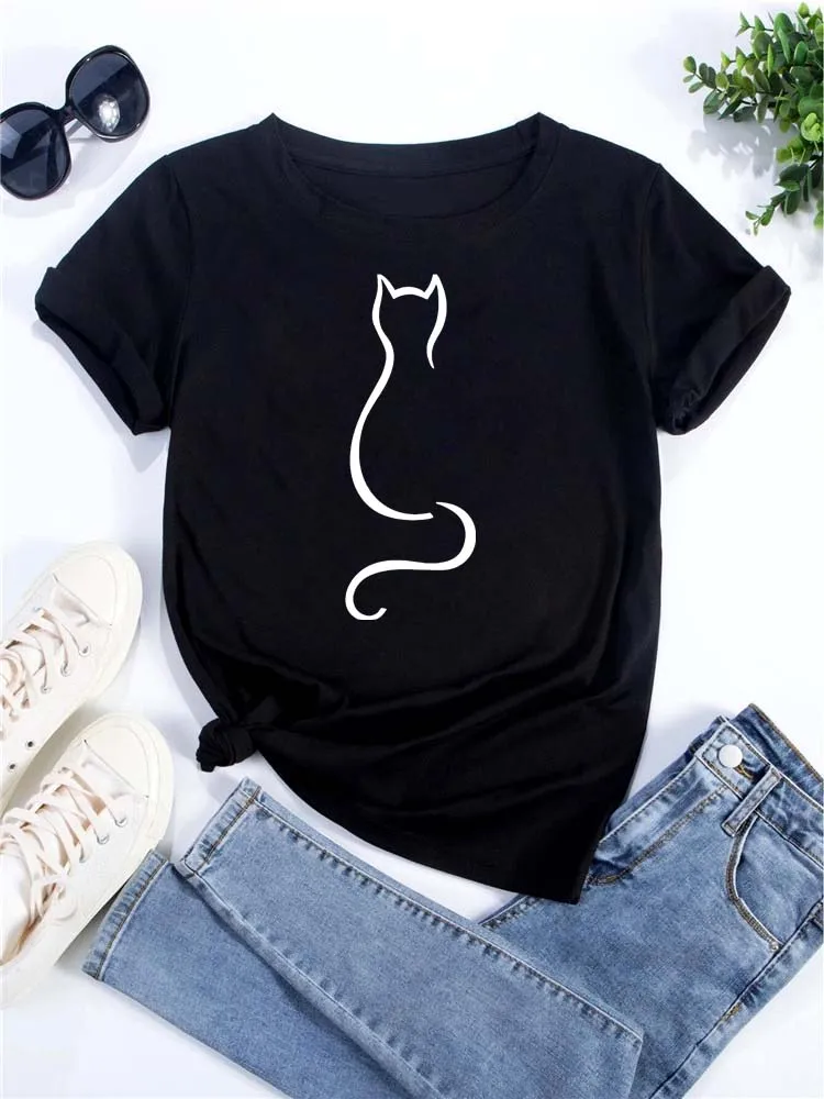 New Cute Love Heart Cat Print Women T-Shirt Casual Short Sleeve Top Summer Odzież damska Cartoon Streetwear Y2k Clothes