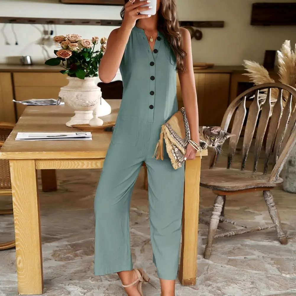 Loose Fit Jumpsuit Stylish Women's V Neck Sleeveless Jumpsuit for Summer Office Wear Breathable Ankle Length Business Attire