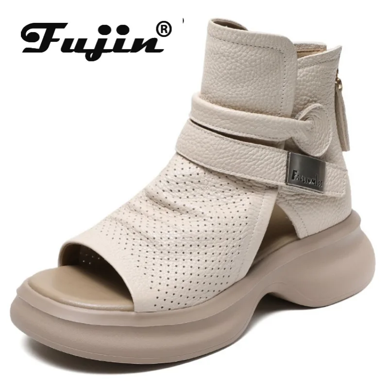 

Fujin 5cm Ladies Summer Breathable Wedge Heel Sandals Shoes Natural Genuine Leather Women Ankle Boots Platform Slides Hollow