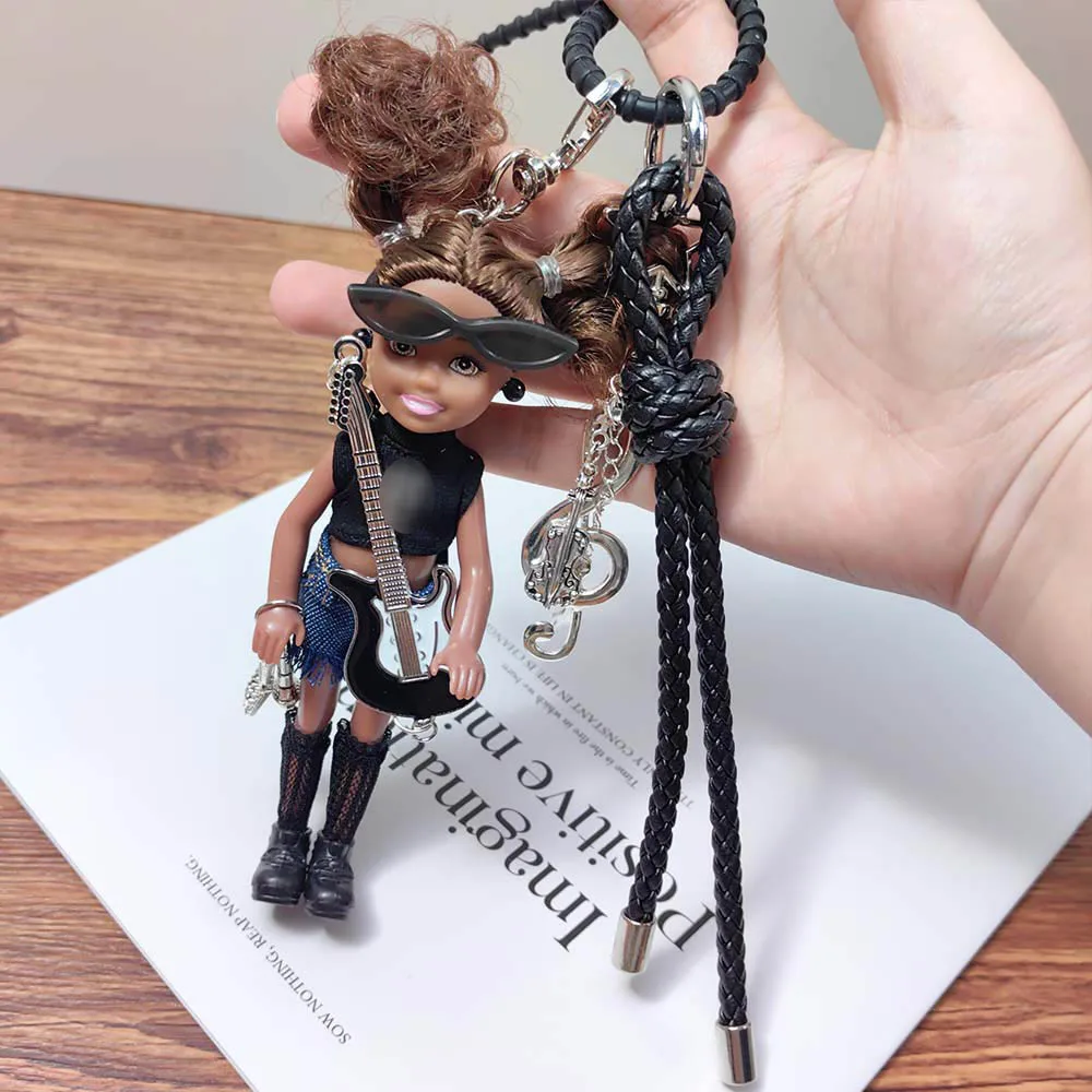 

Cute Black Skin African Girl Princess Doll Keychain Pendant Cool Guitarist Fashion Backpack Decor Joint Movable Doll Best Gift