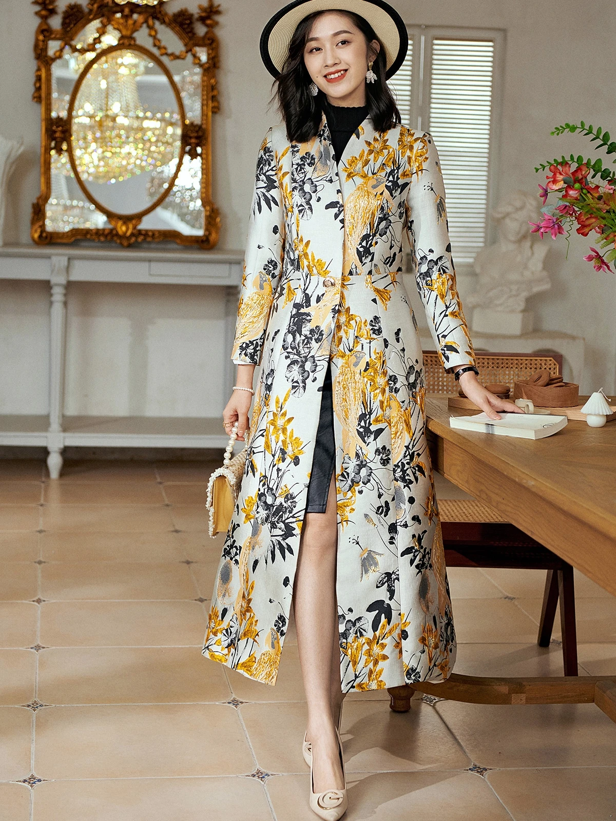 Flower Jacquard Long Trench 2025 Autumn Retro Print Long Sleeve Women One-button Trench Coat Outwear Plus Size