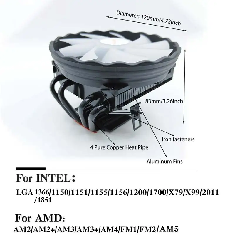 Воздушный охладитель процессора X99 с 4 тепловыми трубками, 3-контактный/4-контактный вентилятор для Intel LGA 775 1366 1150 1151 1155 1200 1700 2011 X79 AMD