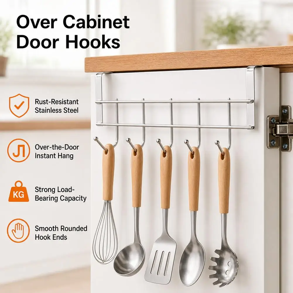 1/2/3pcs Stainless Steel Over Cabinet Door Hook No Drill Over Door Rack Organizer Space Saving Hanger for Kitchen Cabinet Home