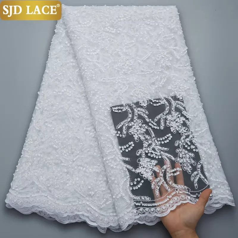 SJD LACE African Lace Fabric 2025 Sequins Embroidery French Mesh Lace Fabrics 5 Yards Bridal Dresses Material For Wedding A2781