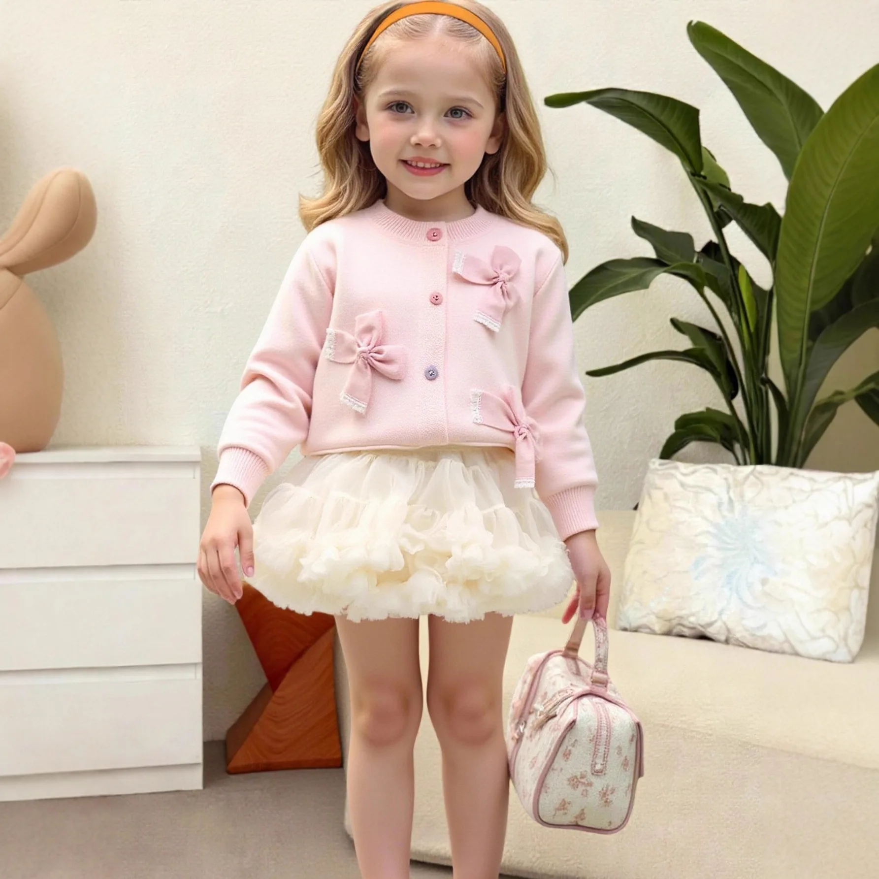 

Детский свитер, кардиган, вязаная куртка с тремя бантами для девочек, сетчатая юбка-пачка, милый свитер принцессы в Корейском стиле