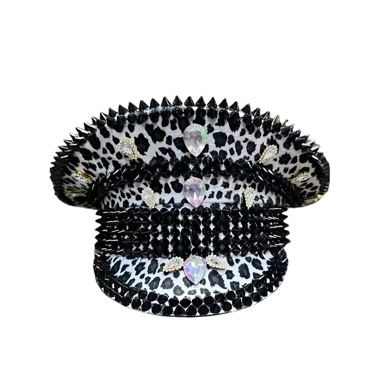 HongLuan Yellow Laser Leather Loop Captain Hat Rhinestone & Military Caps for Woman, Rave Festivals Accessories ＆ Party Cap Man