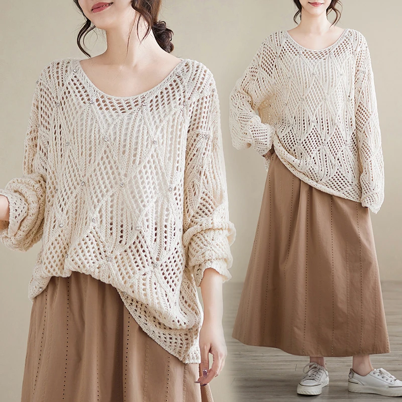 

Lazin Sle Hollow out Knitted Sweater plus Size Women's Faion round Ne All Match Cover up Top Trendy Autumn Winter