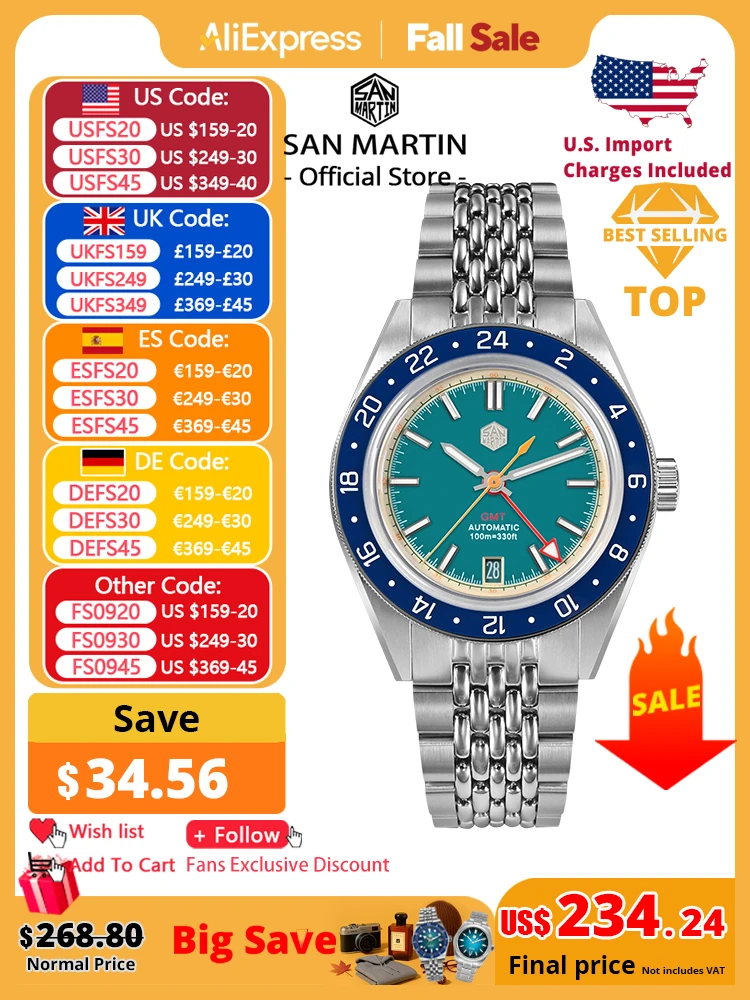

San Martin Original Design Fashion GMT 39.5mm Men Sports Watch Japan NH34 Automatic Mechanical Waterproof 100m SN0116 Reloj