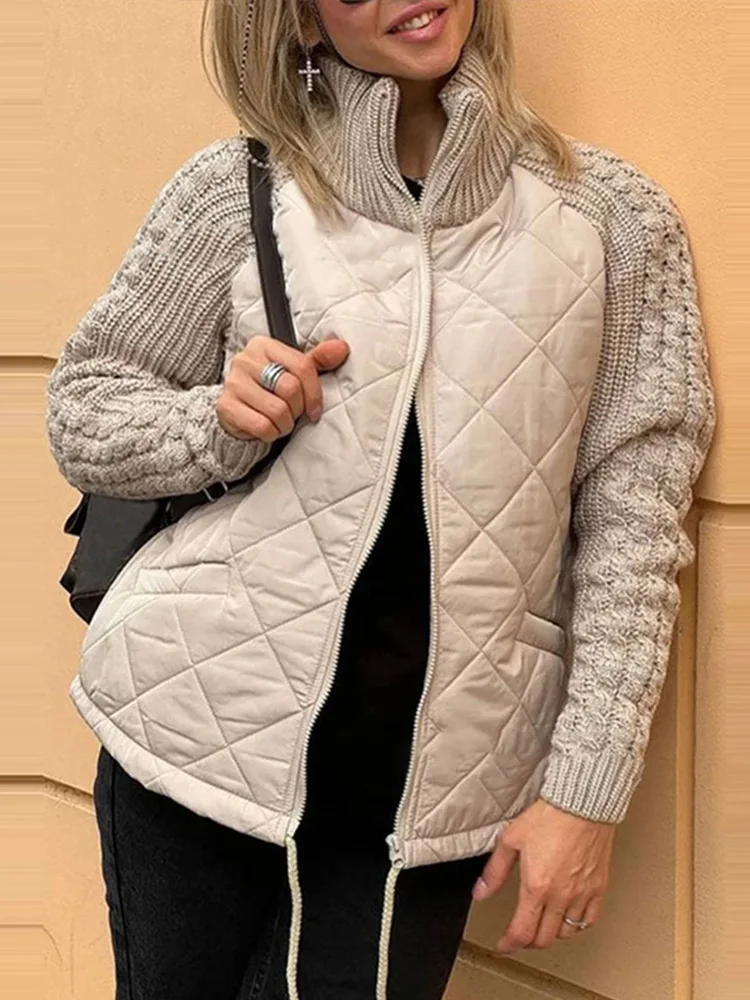 Patchwork Stand Collar Women\'s Jackets Winter Casual Chic Knitted Sleeves Zipper Jacket For Woman Warm Fashionable New Outwears