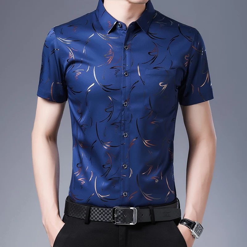 Men's Smart Casual Short Sleeves Shirt Male Eye-catching Print Design Tops