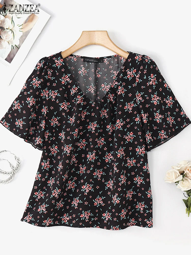 

ZANZEA Floral Printed Blouses Women Vintage Short Sleeve Tops Summer V Neck Blusas 2025 Oversized Casual Loose Beach Tunics