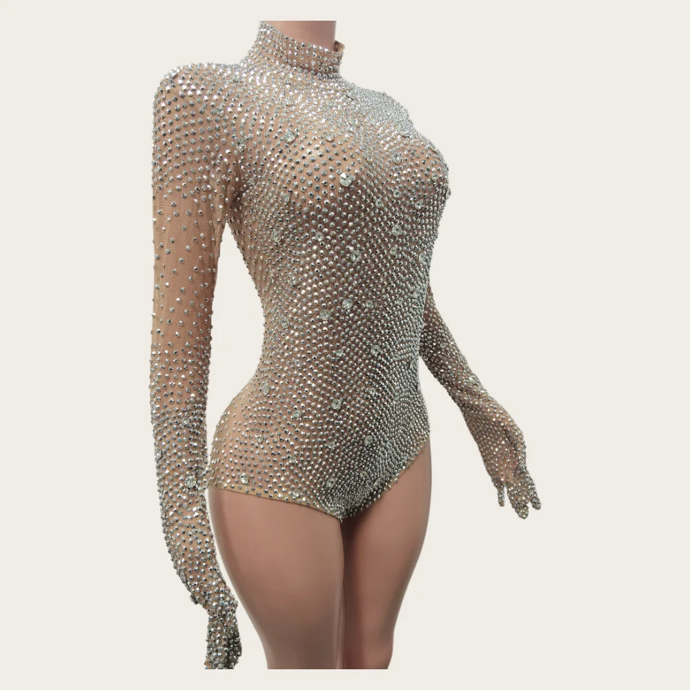 Vestidos Fashion Crystals Shiny Bodysuit Sexy Birthday Party Costume Stage Show Jumpsuits Nightclub Prom Long Sleeve Bodysuits