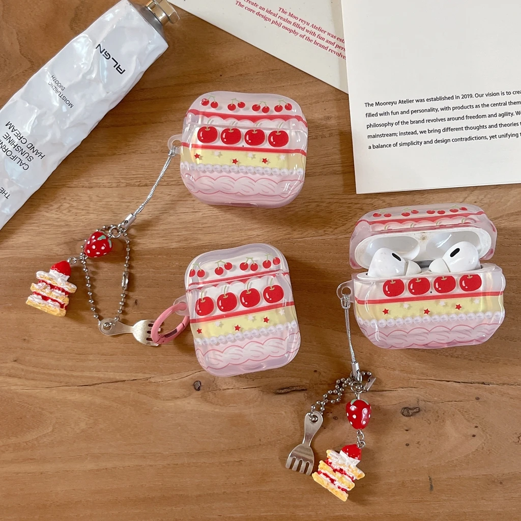 Funda Protectora para Auriculares con Diseño de Pastel de Crema de Cereza y Borde Ondulado con Colgante, a Prueba de Golpes, para AirPods 1 o 2 3 4 Pro 2 Pro 3