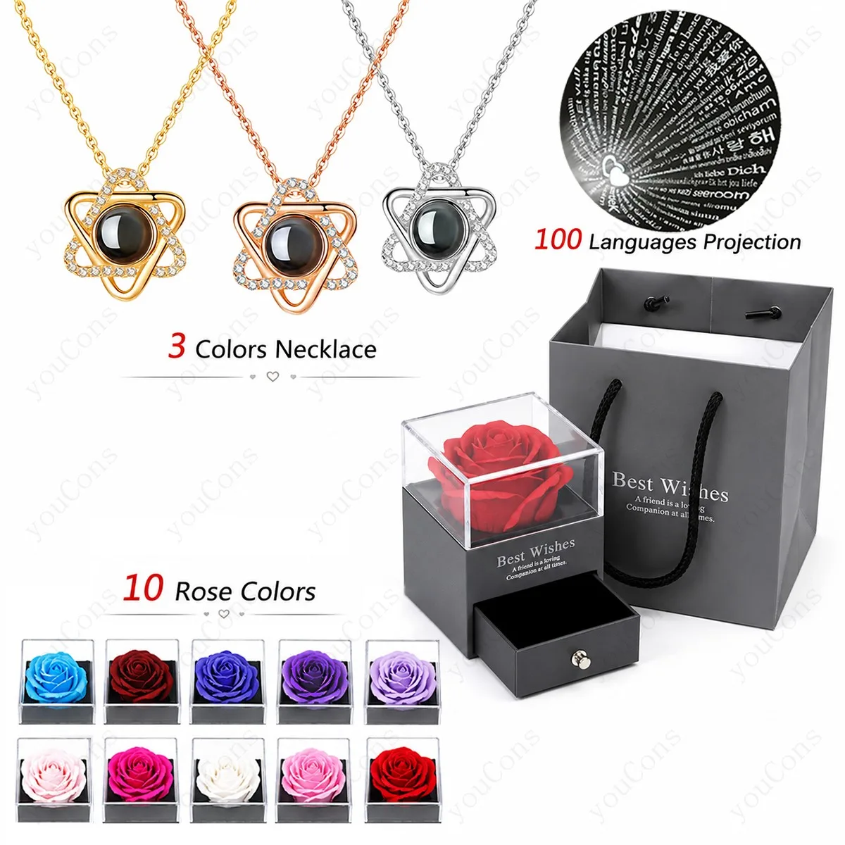 100 Languages I Love You Projection Necklace Stars Pendant With Multi Color Rose Gift Box Valentine's Mother's Day For Women New