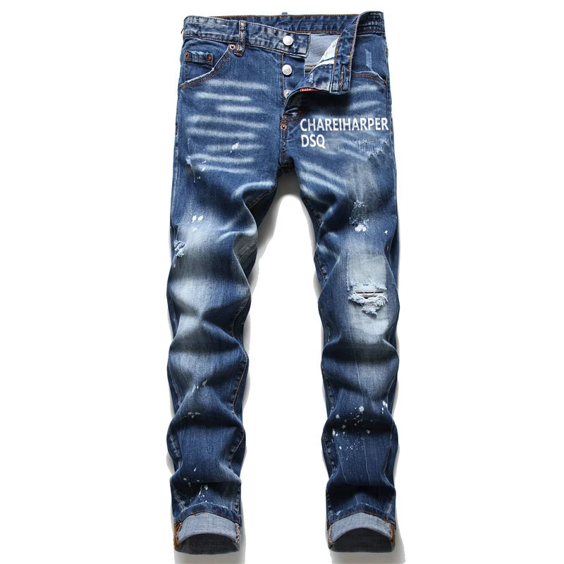 Chareiharper DSQ 1086 Men's Jeans Straight Fit Elastic Cotton Blue Paint Wash Water Tear Tear Process Italian Design Jeans Men