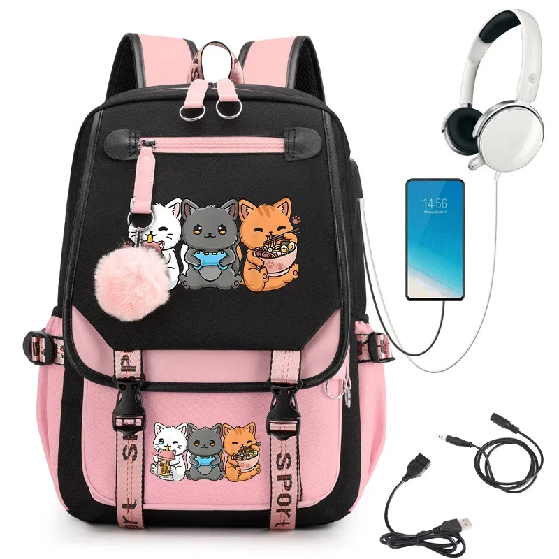 

Backpack Bag for teenager girls Boba cat bubble tea cartoon kawaii USB charging anime schoolbag