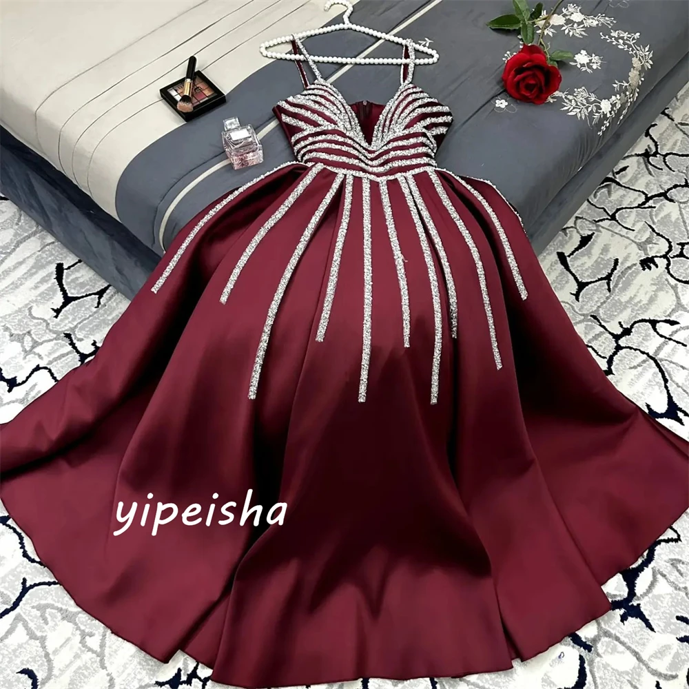 Customized Sparkle Women Spaghetti Strap Ball Gown Formal Ocassion Paillette / Sequins Floor Length Skirts Satin Evening Dress