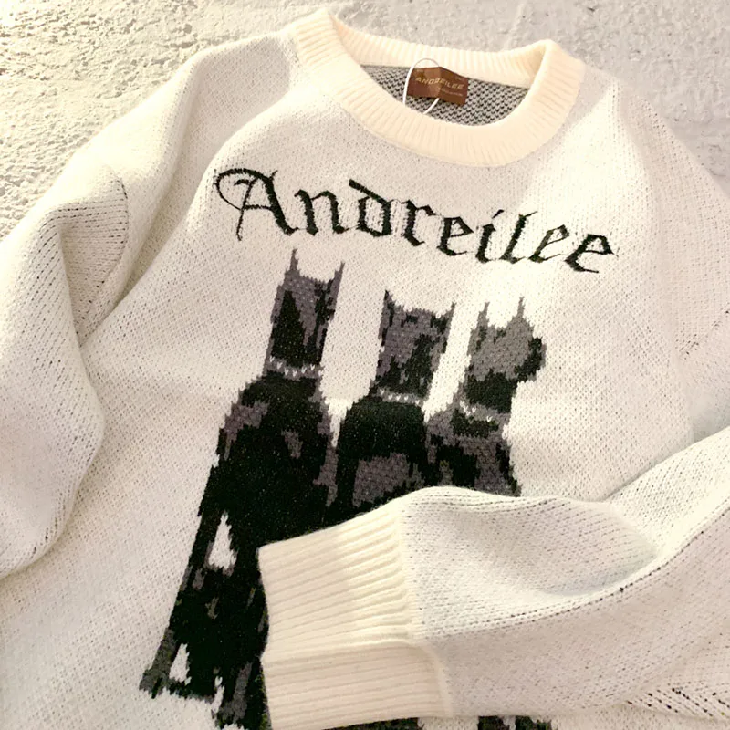 Sweter damski Doberman Dog Graphic Streetwear sweter z dzianiny Retro jesień Oversize Y2k bluzki z długim rękawem Jumper koreańskie ubrania