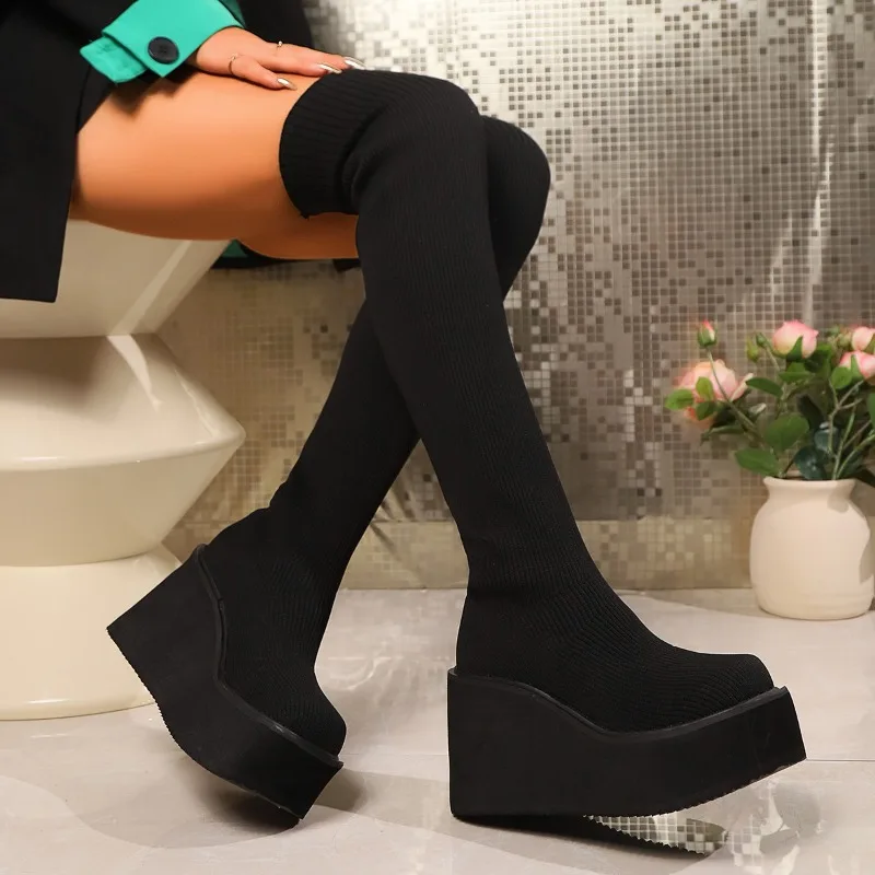 

Heightened Thick Sole Women's Over-the-knee Boots 2024 Autumn Winter New Black Slim Was Thin Suede Long Boots Zapatillas Mujer