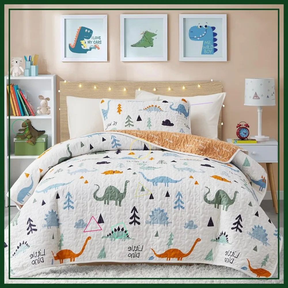 طقم لحاف قطني مكون من قطعتين، تصميم ديناصور لطيف قابل للعكس للأطفال، مفروشات قابلة للتنفس لجميع المواسم مع وسادة شام