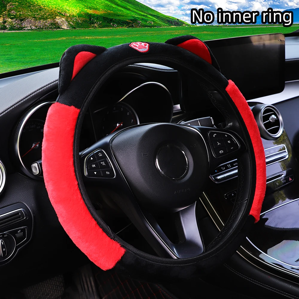 Niedliche Katzenohren-Lenkradabdeckung aus Weichem Plüsch, Warm für den Winter, Auto-Handschutz-Zubehör ohne Innenring, Geeignet für 14,5-15 Zoll Lenkräder – Detail 5