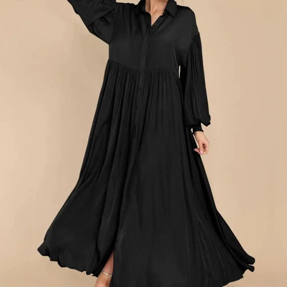 

Women Flowing Long Dresses Elegant Maxi Dress with Pleated A-line Silhouette Turn-down Collar Long Sleeves Women's Fall Spring