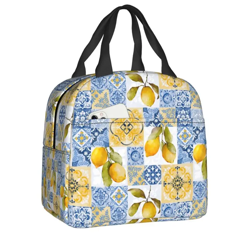 Mediterranean Tiles Fruit Lemons Lunch Bag Reusable Cooler Thermal Insulated Lunch Box For Women Kids Work Food Tote Bags