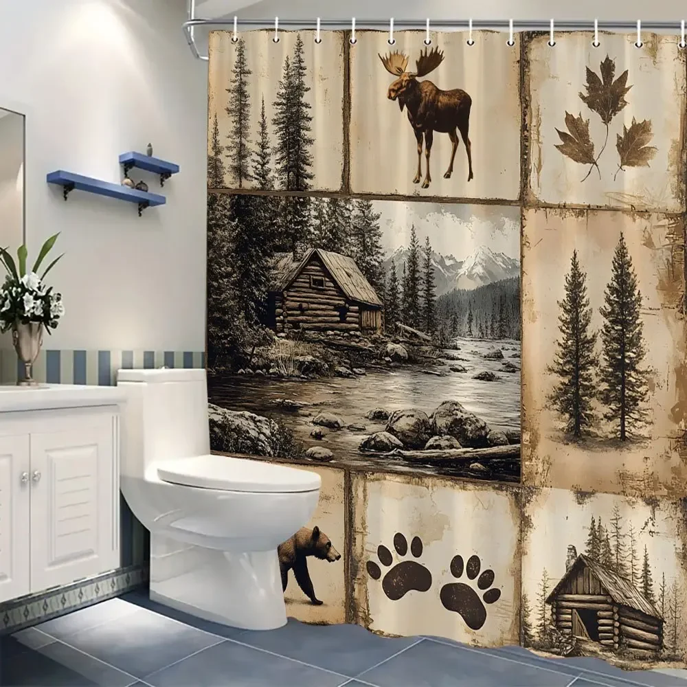 Rustic Nature Shower Curtain Moose Cabin Mountain Bear Trees Paw Prints Sepia Wilderness Collage Polyester with Hooks