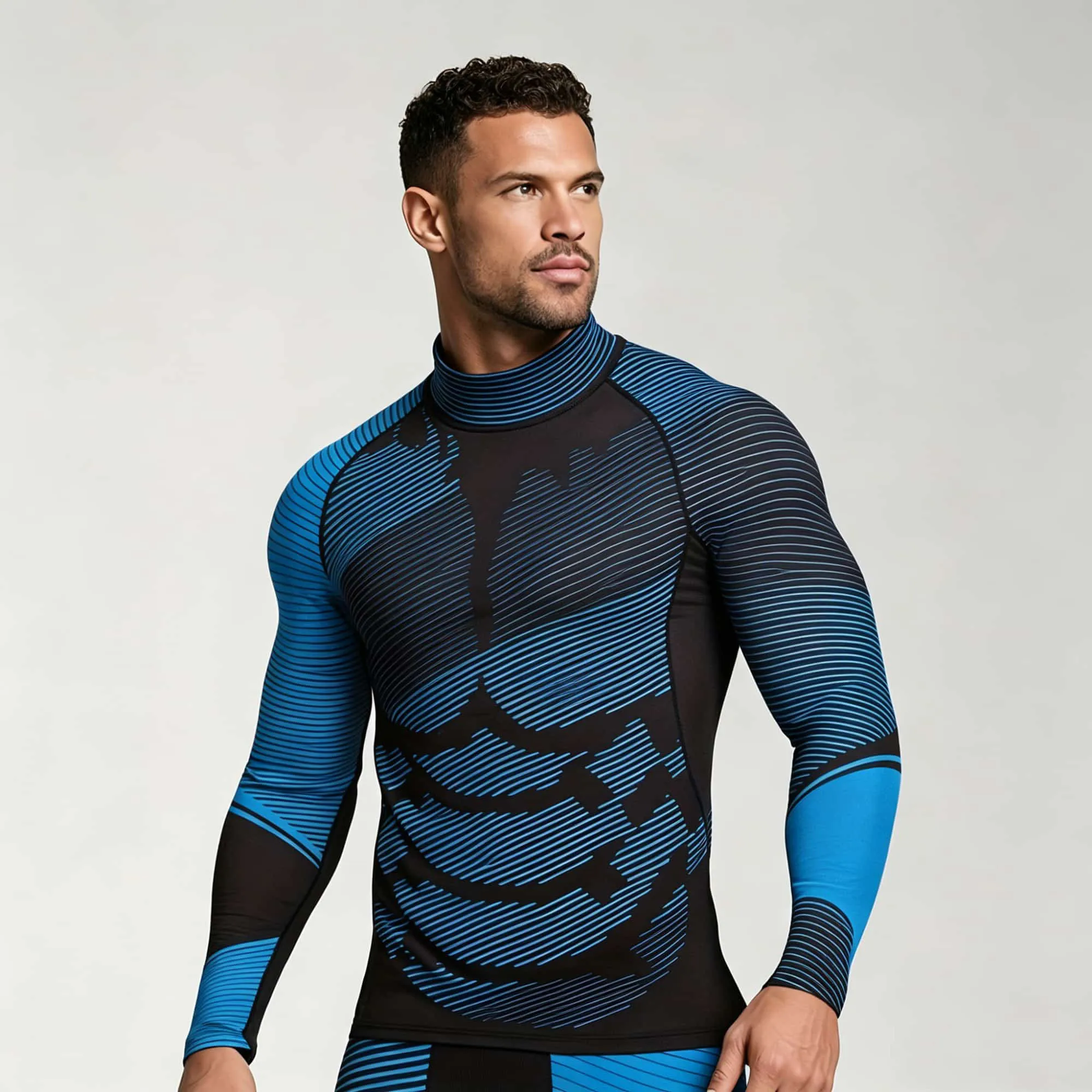 Herren 3D-Muskel-Print Kompressionsshirt mit Stehkragen, Langarm, Schnelltrocknend, Sportliches Oberteil für Fitness, Workout, Cosplay, Sport-Basisschicht – Detail 3