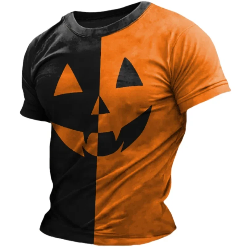 Funny Pumpkin Face Print Men\'s T Shirt Summer Orange Halloween T-shirts Holiday O-Neck Loose Short Sleeve Tee Shirt Men Clothing