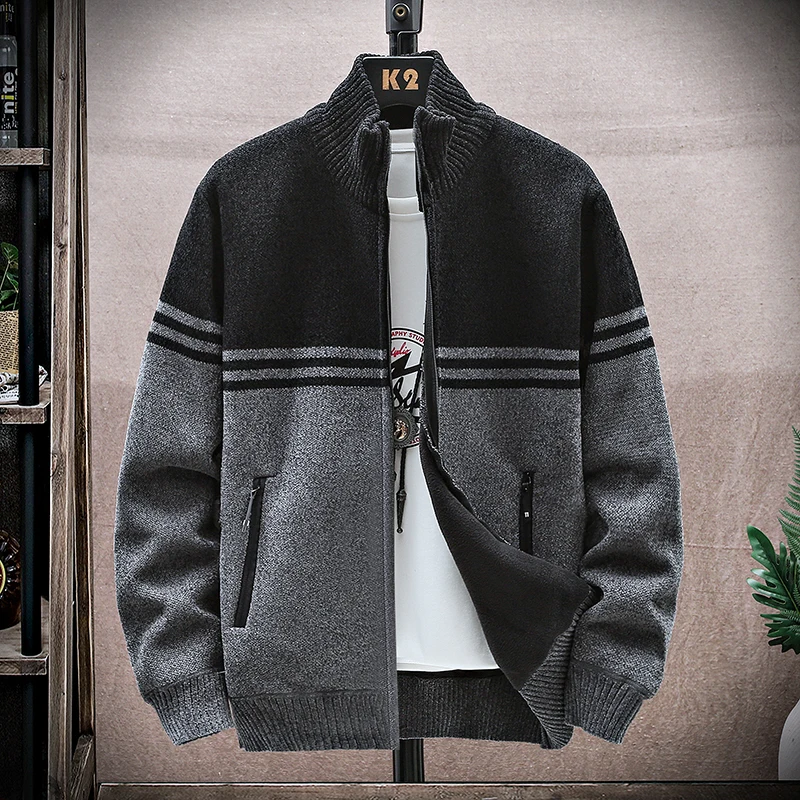 Men Knit Cardigan SweaterCoat 2024 Autumn Winter Velvet Keep Warm Thicken Contrast Striped High Collar Sweater Jackets Outerwear