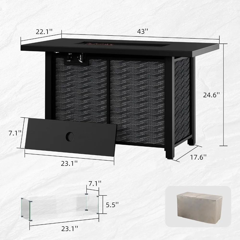 43 in Propane Fire Pit Table with Glass Wind Guard, 50,000 BTU Outdoor Gas Fireplace