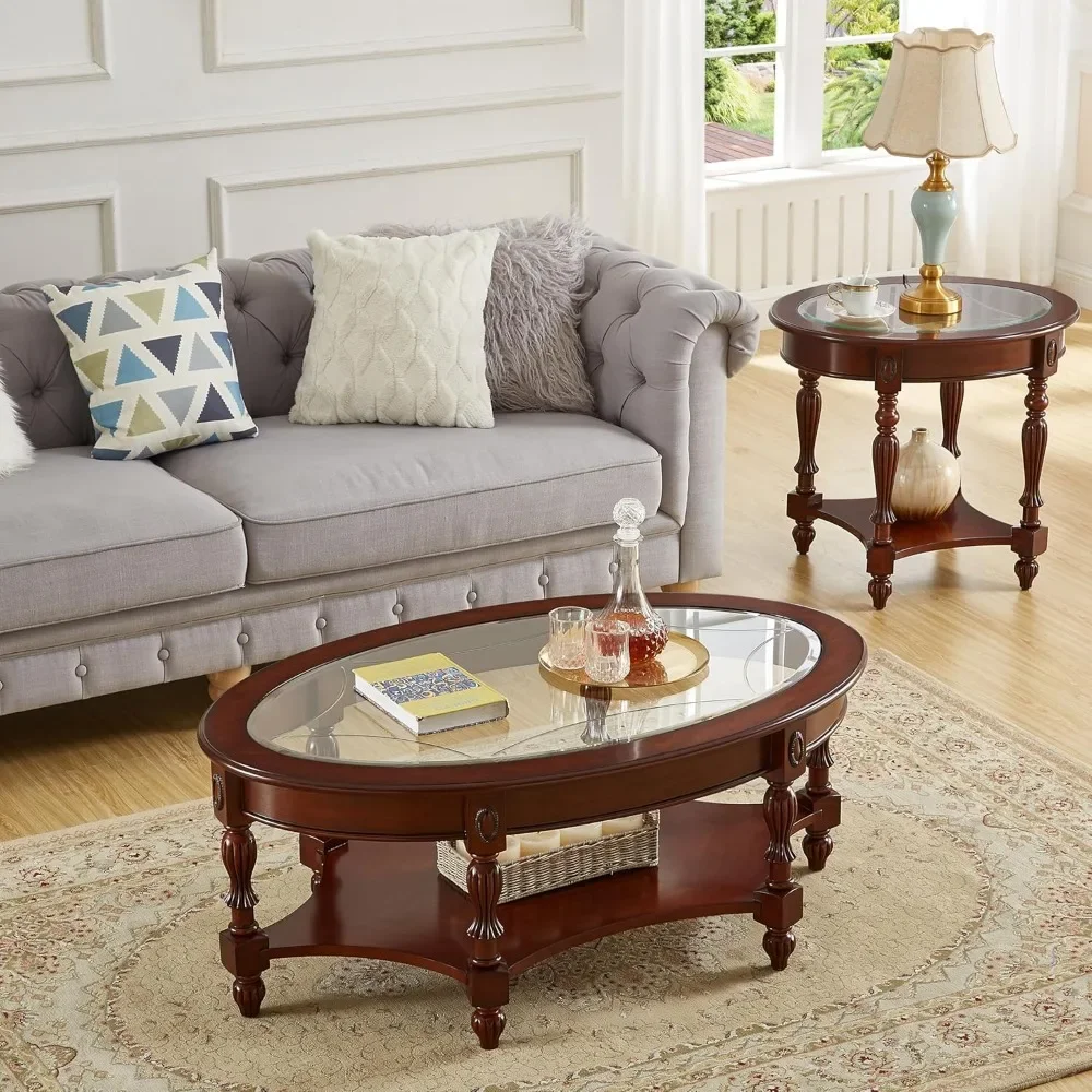 Vintage-Couchtisch-Set aus Holz für das Wohnzimmer, ovaler Couchtisch und ovaler Beistelltisch mit Glasplatte, elegante Couchtische