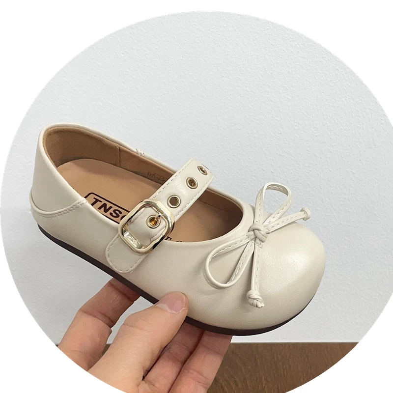 

High Quality Girls Flats Shoes With Bowtie Solid Beige Brown Black Rivets Fashion Spring Autumn Leather Shoe For Kids Women Pary