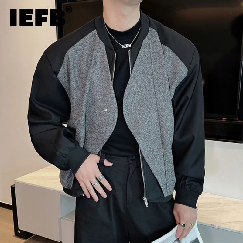 IEFB Autumn Men's Coats Woolen Patchwork Fake Two-piece Zipper Loose O-neck Contrast Color Casual Male Coats New Fashion 9C7666