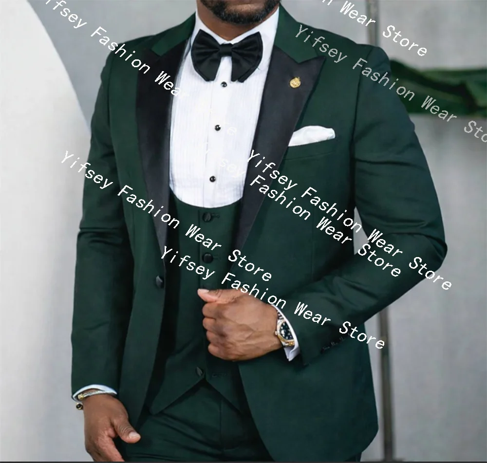 Dark Green 3pcs Set Man‘S Suit Set Outfit Blazer Trousers Jacket Pants Vest For Wedding Party Formal Men Suit Slim Fit Tailored