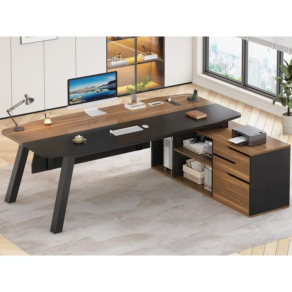 71 Inch Walnut Executive Desk with File Cabinet, Large Office Desk with Drawers and Shelves, L-Shaped Computer Desk with Power O