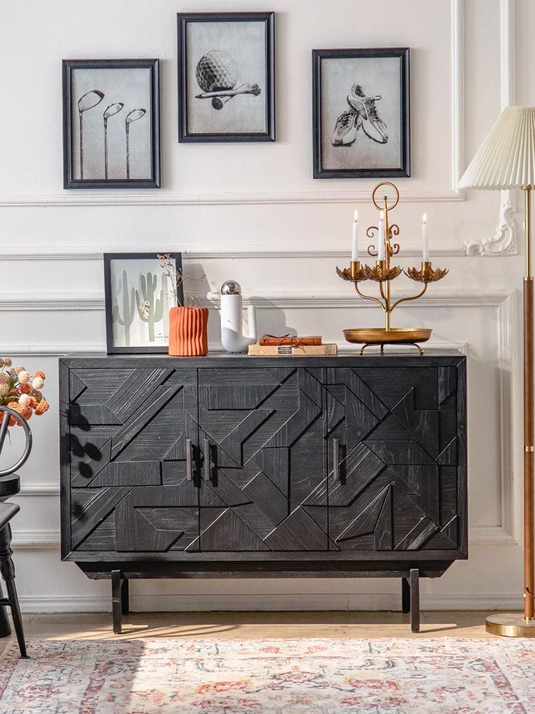 خزانة ذات أدراج فنية فرنسية، جدار غرفة المعيشة، خزانة مدخل إغاثة هندسية سوداء، خشب متين عتيق #2