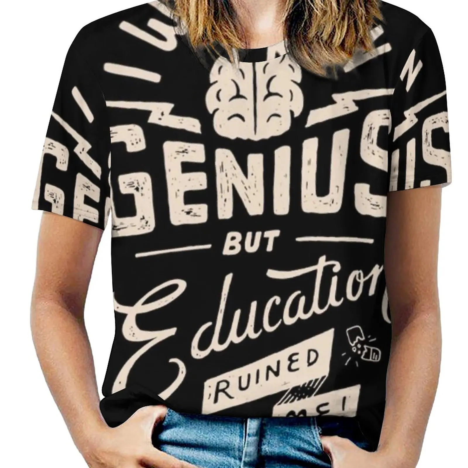 Born Genius Woman'S T-Shirt Spring And Summer Printed T Shirts Crew Neck Pullover Top Black Lettering Typography Education