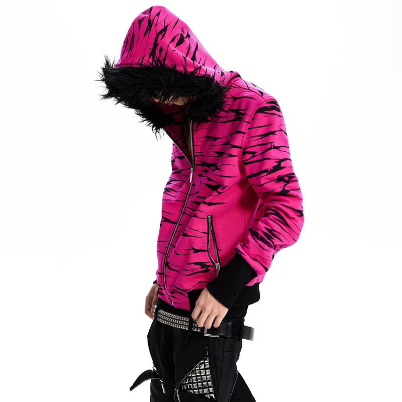 LUZHEN 2026 New Zebra-patterned Fur Hooded Sweatshirt Coat Men's Back Patchwork Pattern Elastic Waist Street Jacket Male JY9387