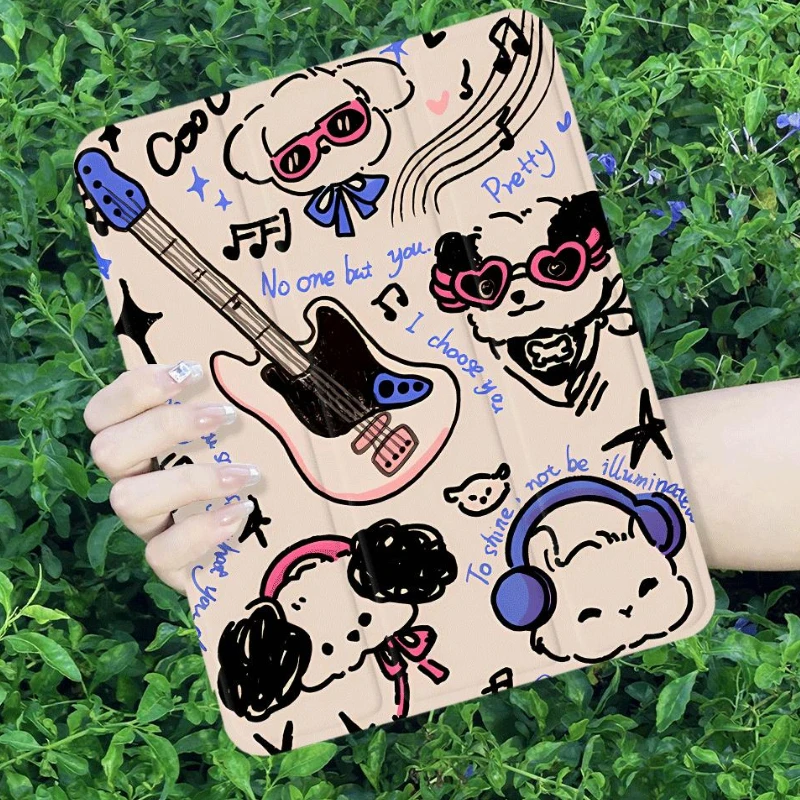 Guitar Puppy Doodle Rotating Stand Tablet Cover for IPad Air 5 2022 Air 4 Case IPad 10th Generation 10.2 9th 8th 7th PC Shell