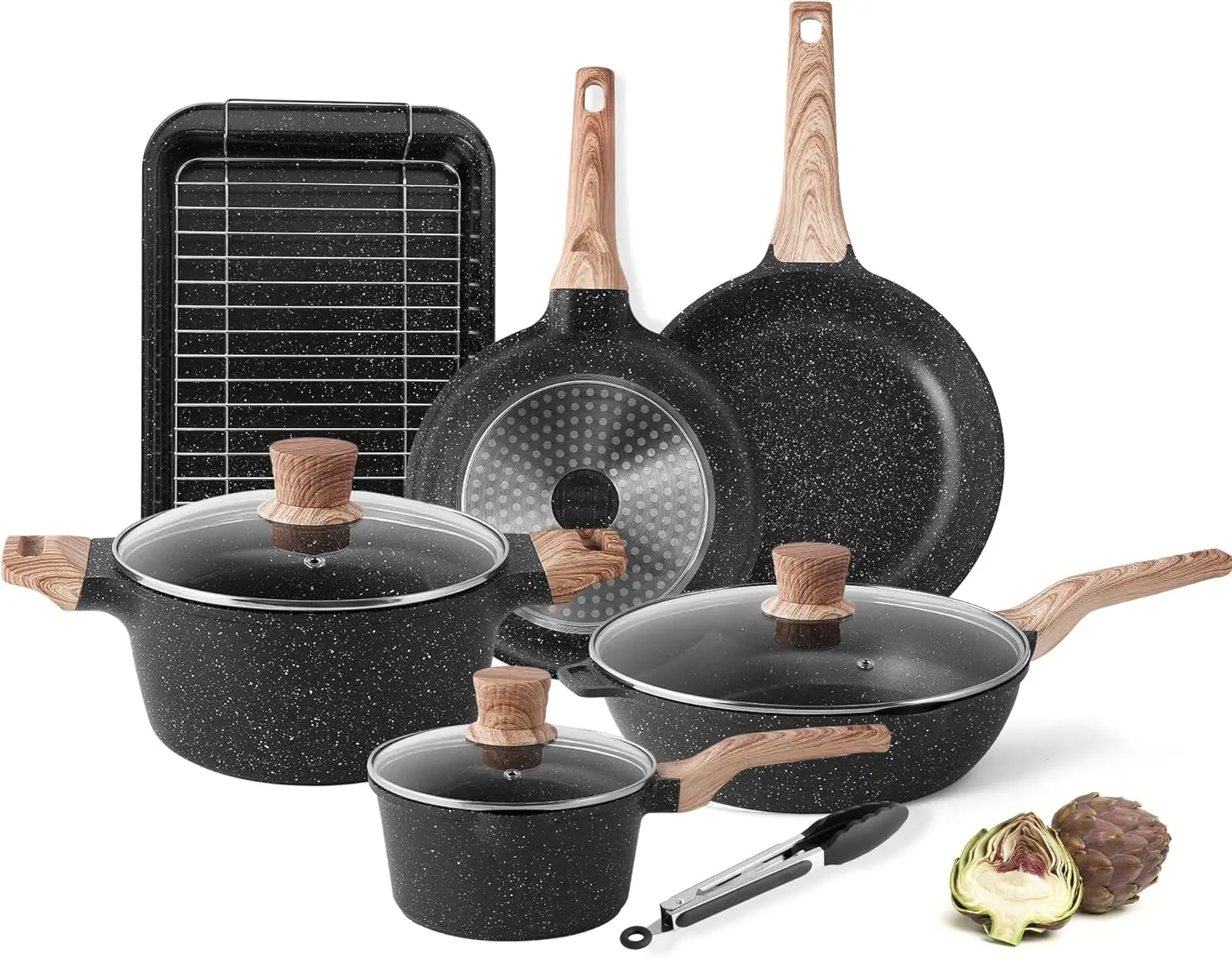 Pots and Pans Set - Caannasweis Nonstick Granite Stone Cookware Sets, Induction Frying Pans for Cooking, PFOS PFOA Free