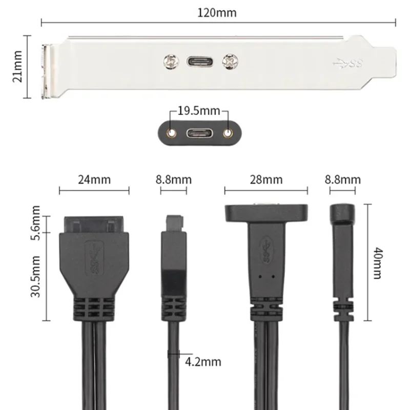0.5m USB3.1 Type-C Female to USB 3.0 Motherboard 20Pin Panel Mount Cable With Rear PCI Back Panel Expansion Bracket for PC
