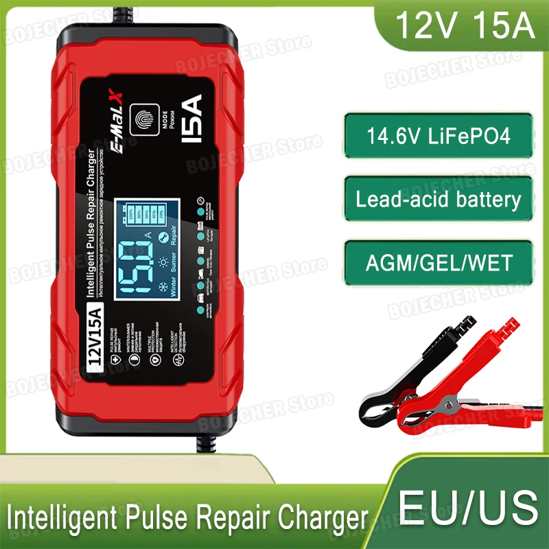 

12V 15A Intelligent Pulse Repair Charger 14.6V 15A Electric Motorcycles Charger For Lifepo4 Lead Acid AGM GEL Battery Charging