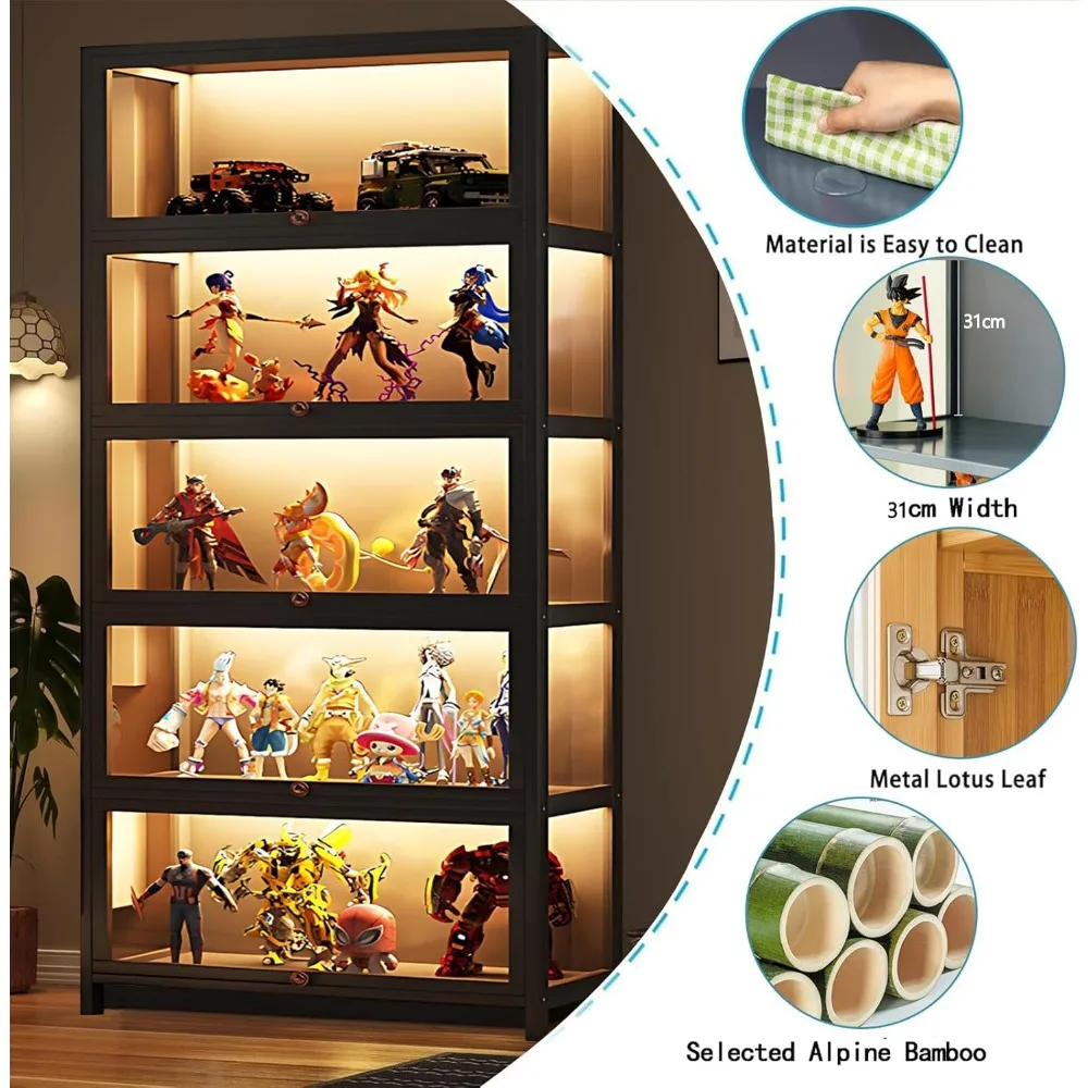 Display Cabinet with Acrylic Glass Doors, 5 Tier Bamboo Curio Cabinets & Display Case for Collectibles, Kids Bookcase for Home,