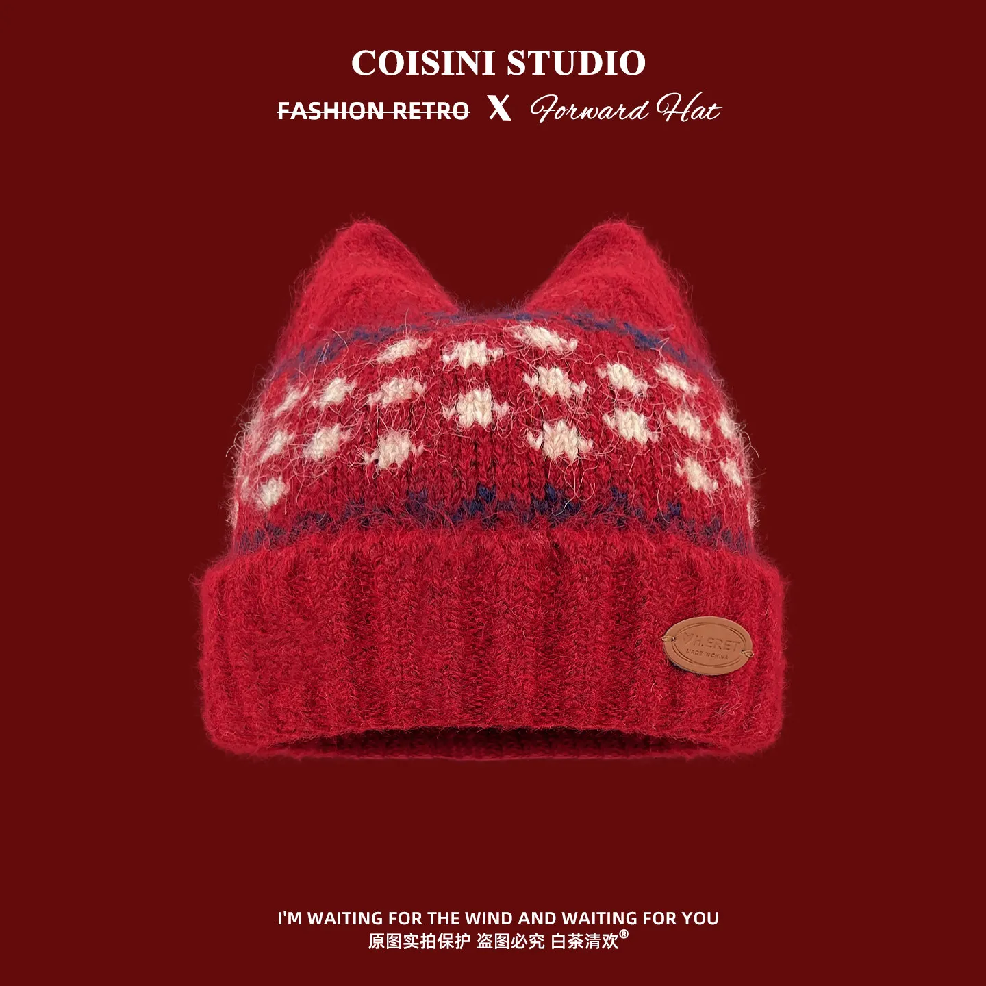 Japanische Retro-Fair-Isle-Jacquard-Mütze mit Katzenohren, gestrickt, für Herbst und Winter, warm, verdickt, mit Ohrenschutz, Skull-Beanie-Mützen für Damen – Detail 4